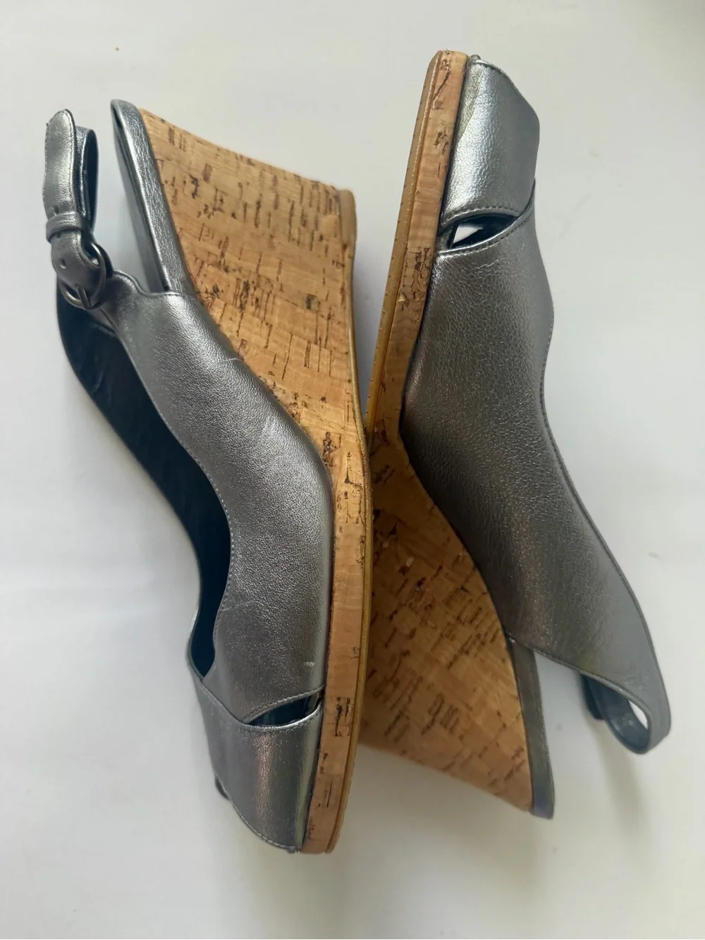 Stuart Weitzman Metallic Silver Cork Wedge Slingback Peep-Toe Sandals